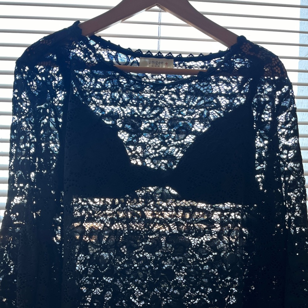 Black Lace Semi Sheer Top 90s Whimsigoth Romantic Neo-Victorianism Lingerie - Picture 5 of 9